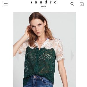 Sandro two-tone lace top with striped details